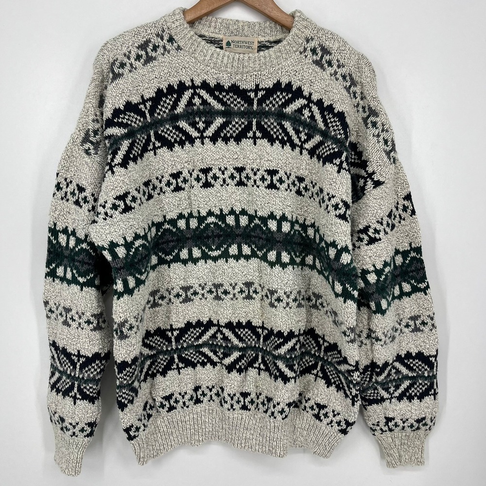 Northwest Territory Mens Fair Isle Knit Crewneck Sweater Grey Green Black L Vtg